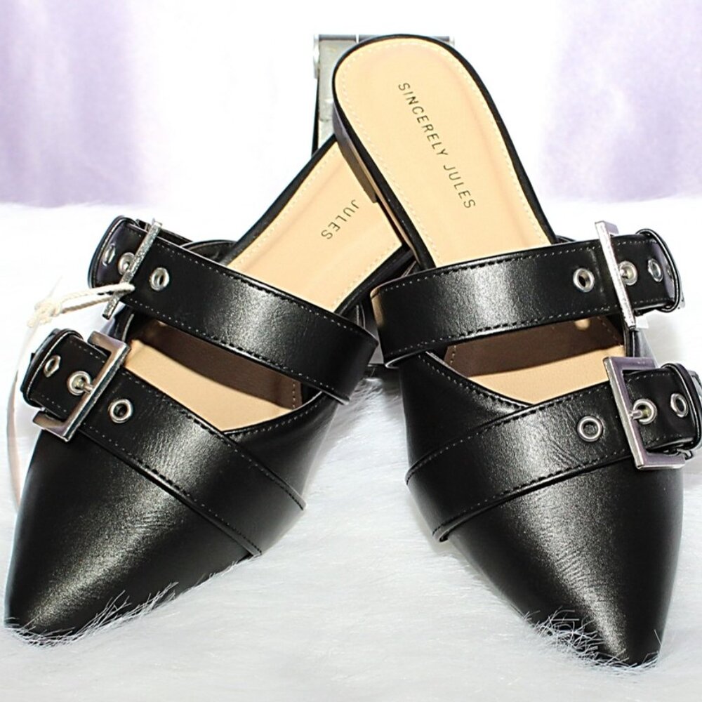 Sincerely Jules Black Mules with Buckle Detail
